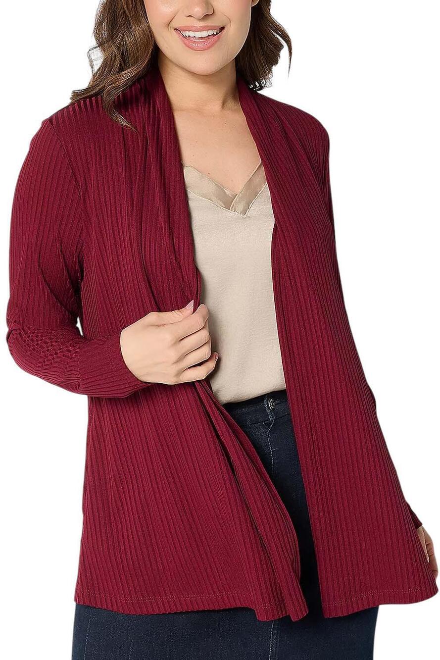 Susan Graver Women's Ribbed Liquid Cardigan w/ Pockets Evening Wine - Regular